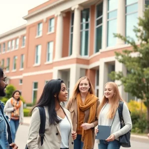 Students discussing diversity scholarship programs in front of a university