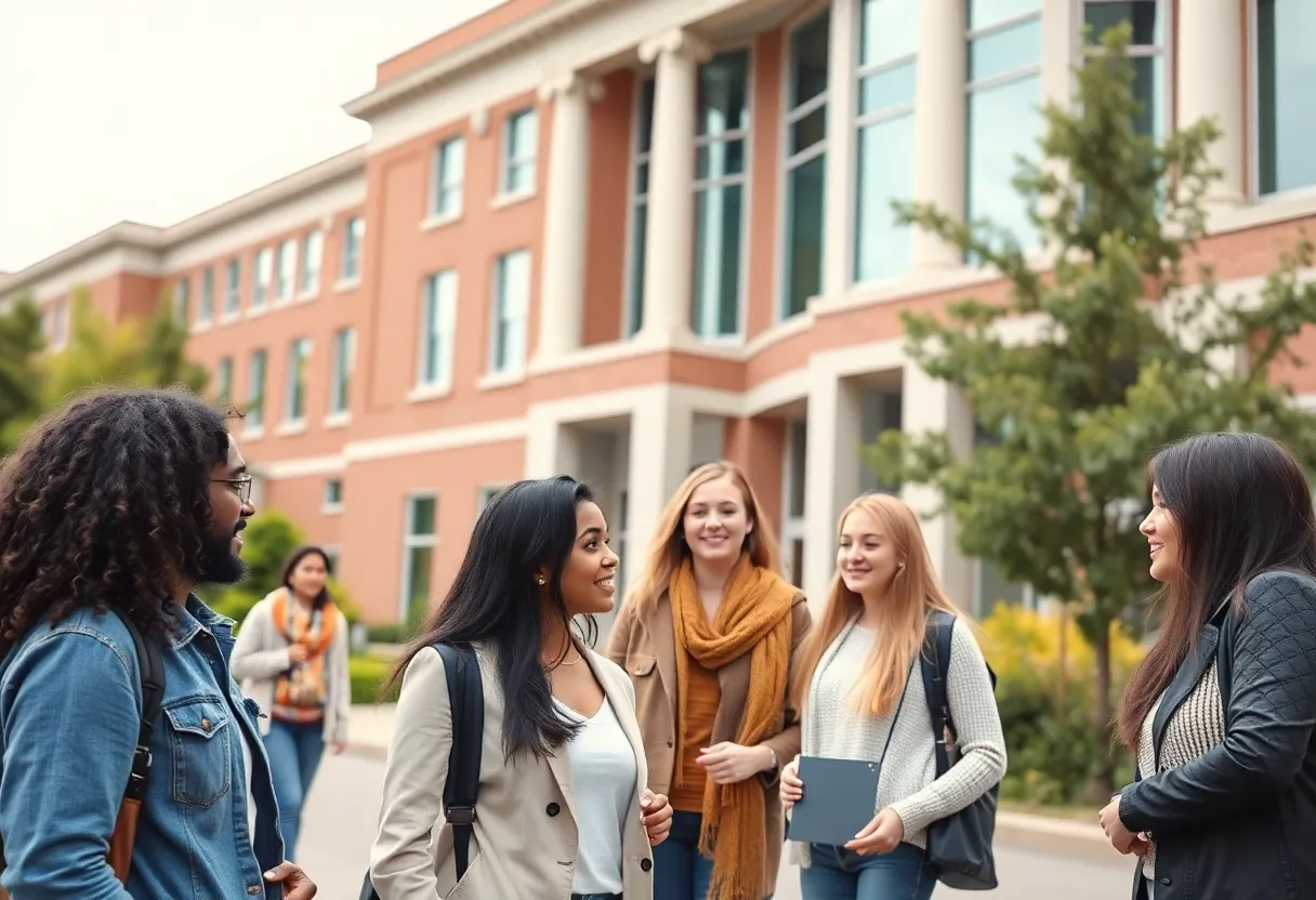 Students discussing diversity scholarship programs in front of a university