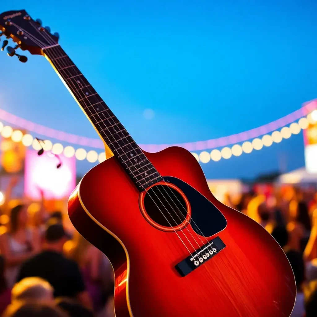 A colorful scene depicting a guitar and musical notes for a summer concert