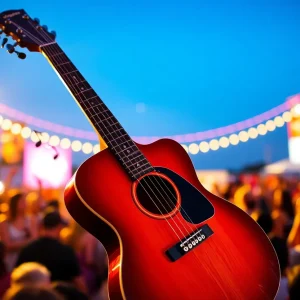 A colorful scene depicting a guitar and musical notes for a summer concert
