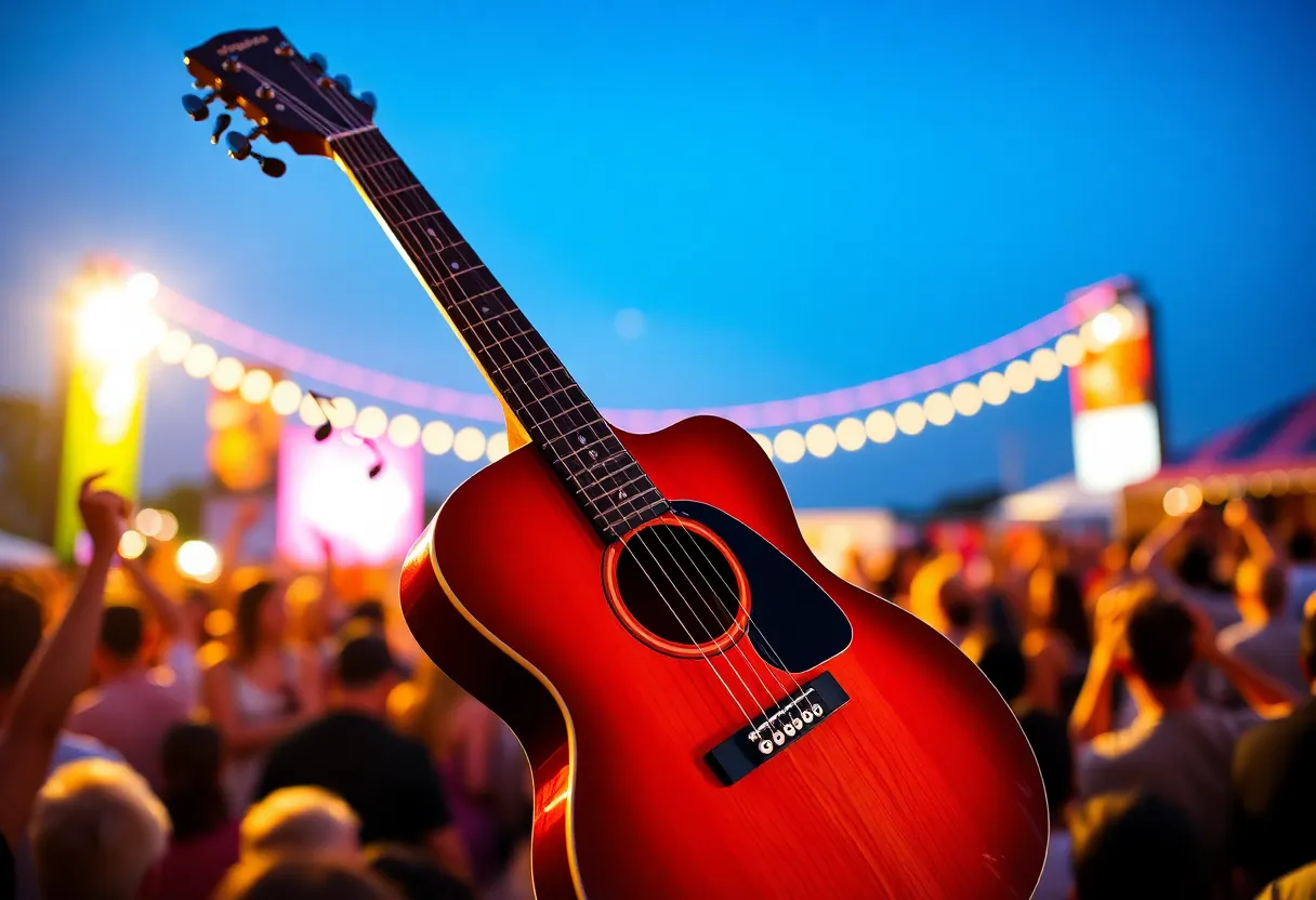 A colorful scene depicting a guitar and musical notes for a summer concert