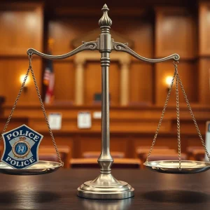 Symbolic representation of justice with balanced scales and police badges.