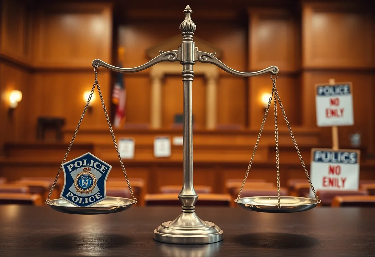 Symbolic representation of justice with balanced scales and police badges.