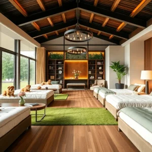 Interior view of K9 Resorts luxury pet hotel showcasing upscale design and amenities for dogs.