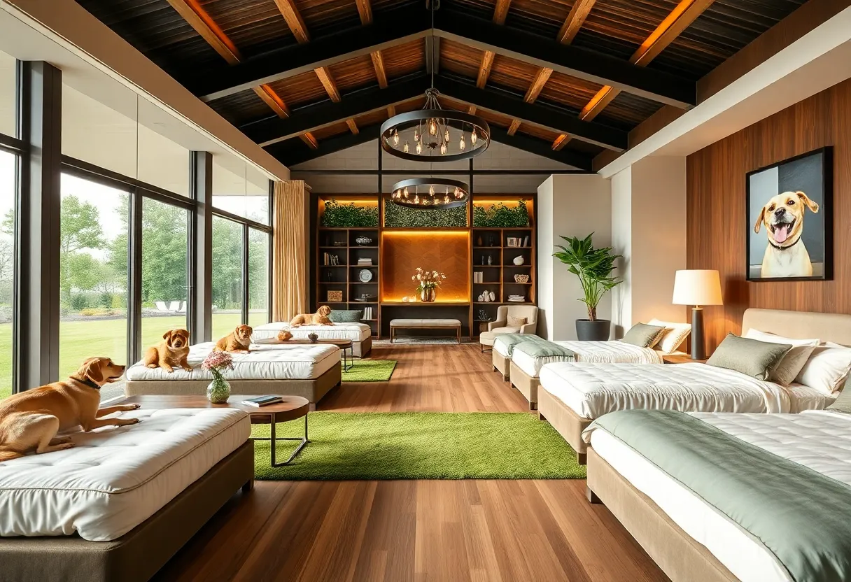 Interior view of K9 Resorts luxury pet hotel showcasing upscale design and amenities for dogs.
