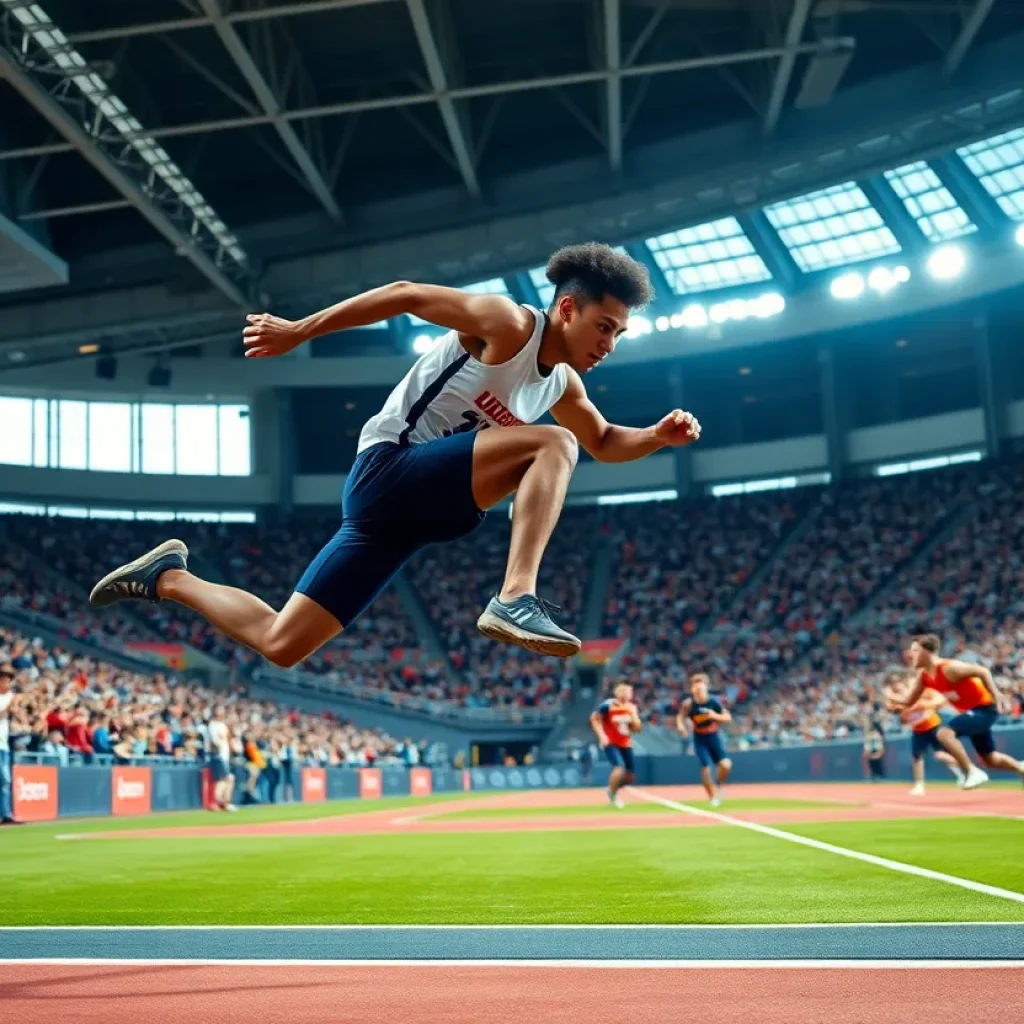 Athlete performing long jump at NCAA Championships