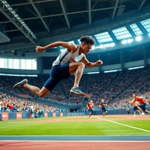 Athlete performing long jump at NCAA Championships