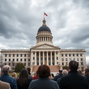 Image of the Michigan State Capitol Building with citizens gathered.