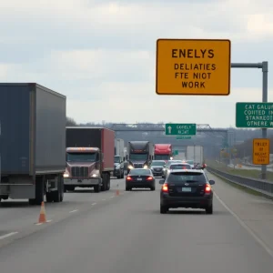 Traffic congestion on a Michigan highway with oversized load transport
