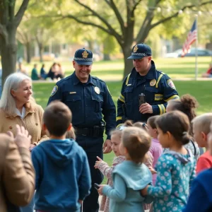 Families and police officers engaging in activities during National Night Out in Grand Rapids.