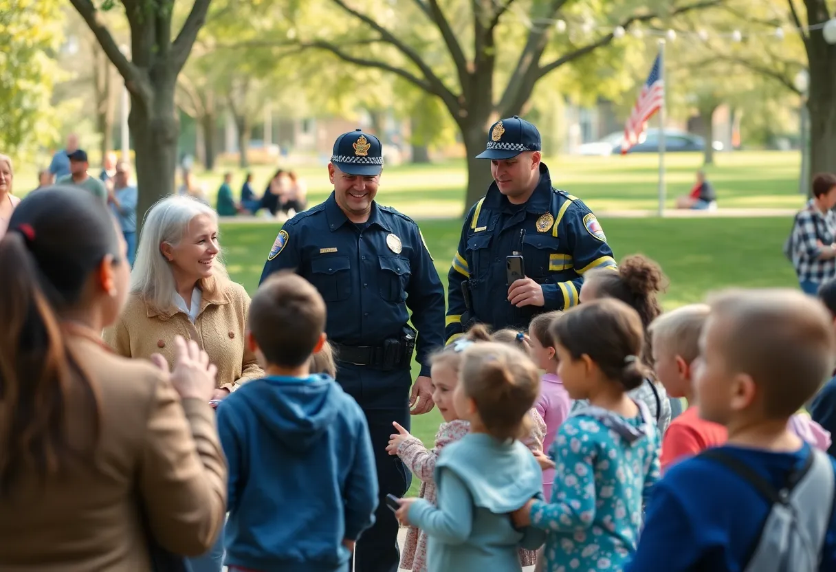 Families and police officers engaging in activities during National Night Out in Grand Rapids.