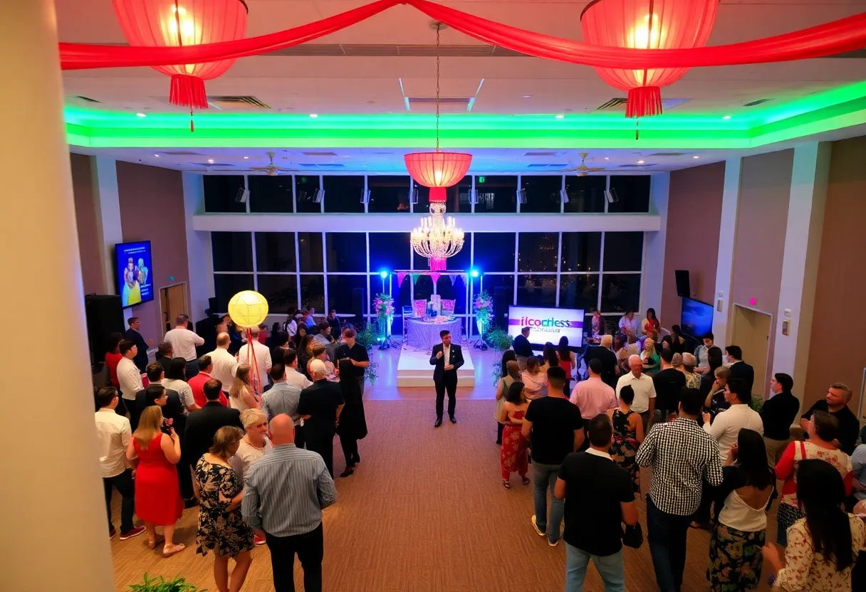 Interior view of the new event center in Roosevelt Park, Grand Rapids, with guests enjoying an event.