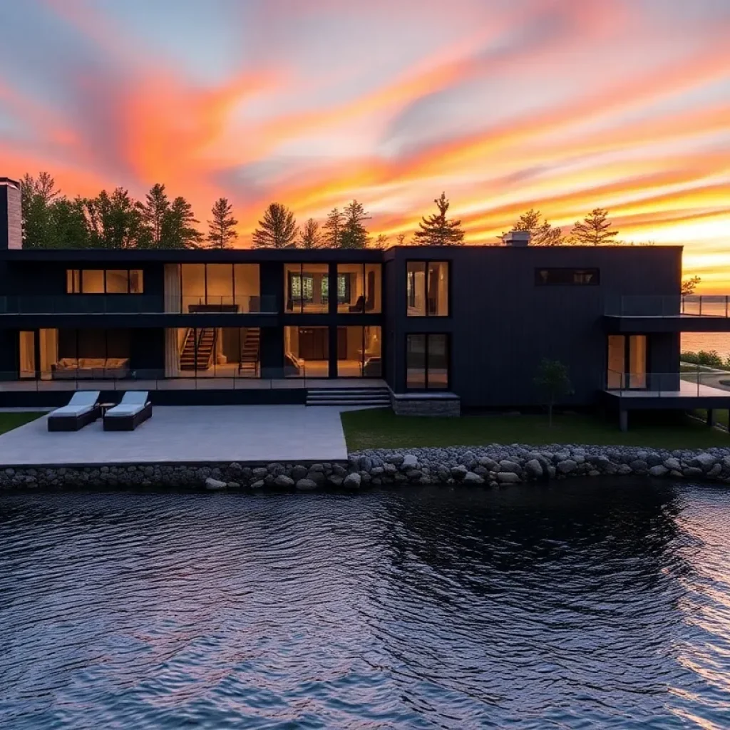 Luxurious lakefront estate in Northport, Michigan showcasing modern architecture and beautiful surroundings.