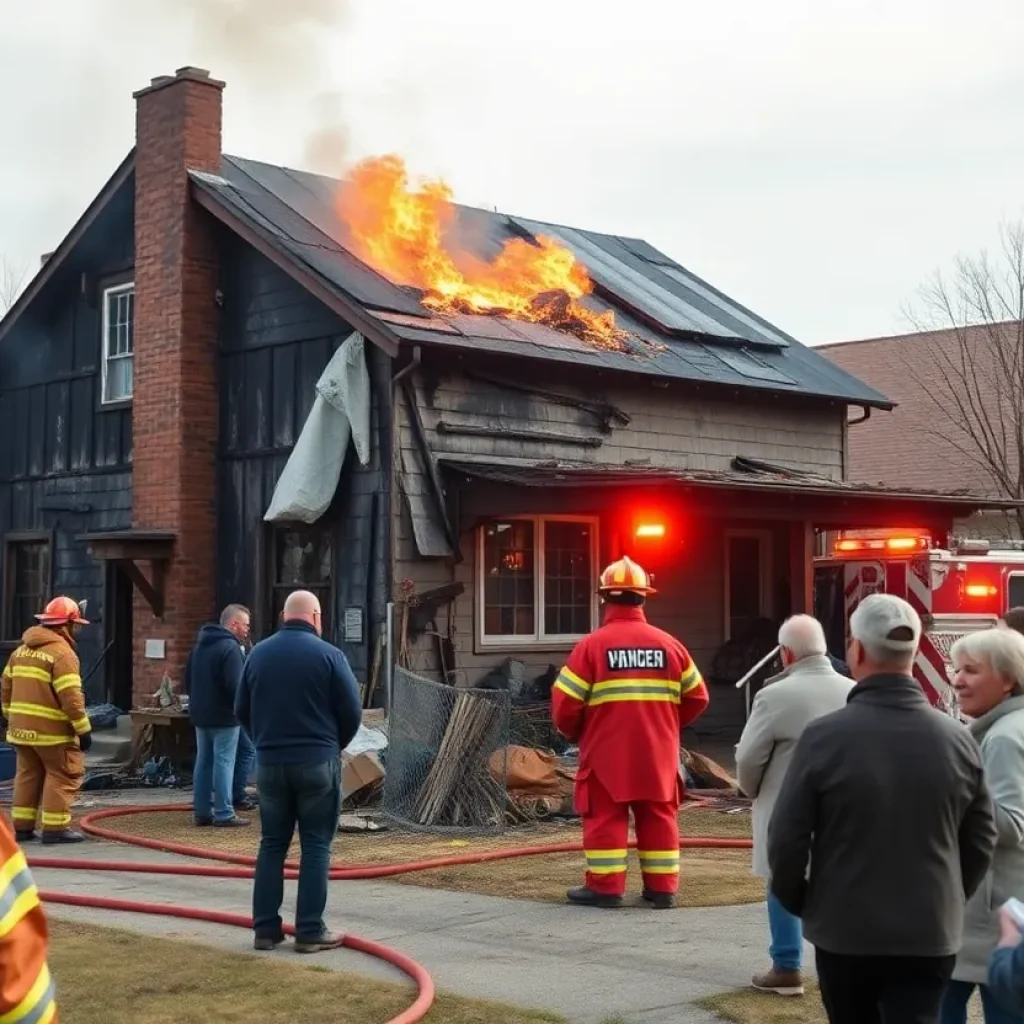Charred remains of a house after a fire in Plainfield Township with firefighters and support personnel present.