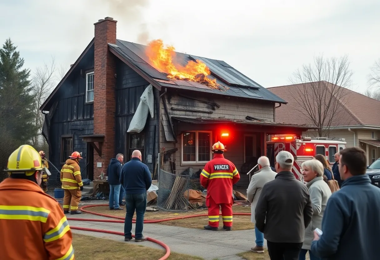 Charred remains of a house after a fire in Plainfield Township with firefighters and support personnel present.