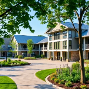 A modern senior living community in Grand Rapids with green spaces