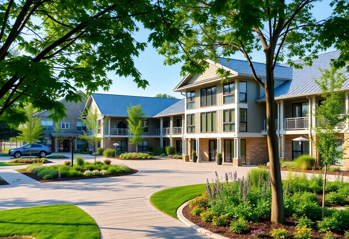 A modern senior living community in Grand Rapids with green spaces