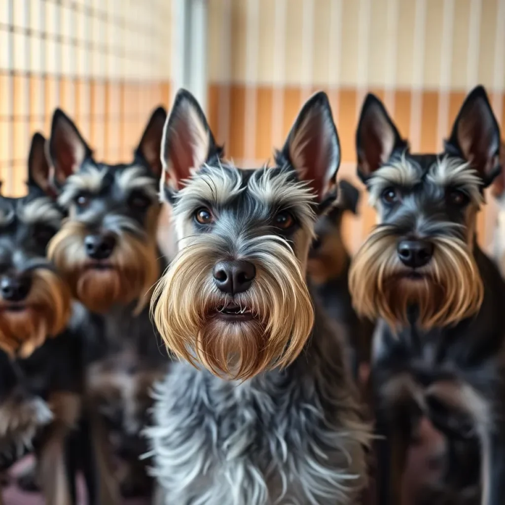 Group of rescued Schnauzers recovering in a shelter