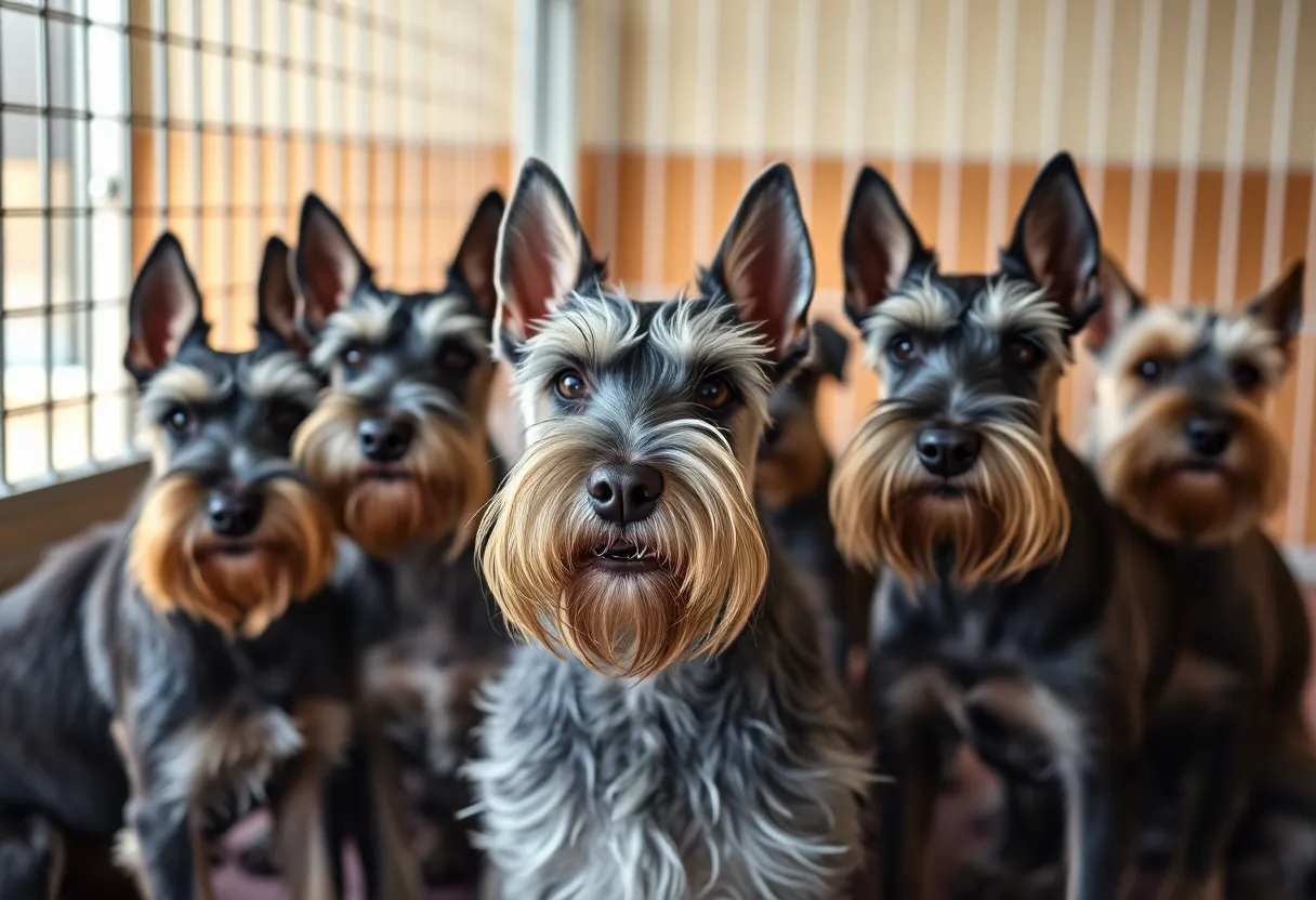 Group of rescued Schnauzers recovering in a shelter