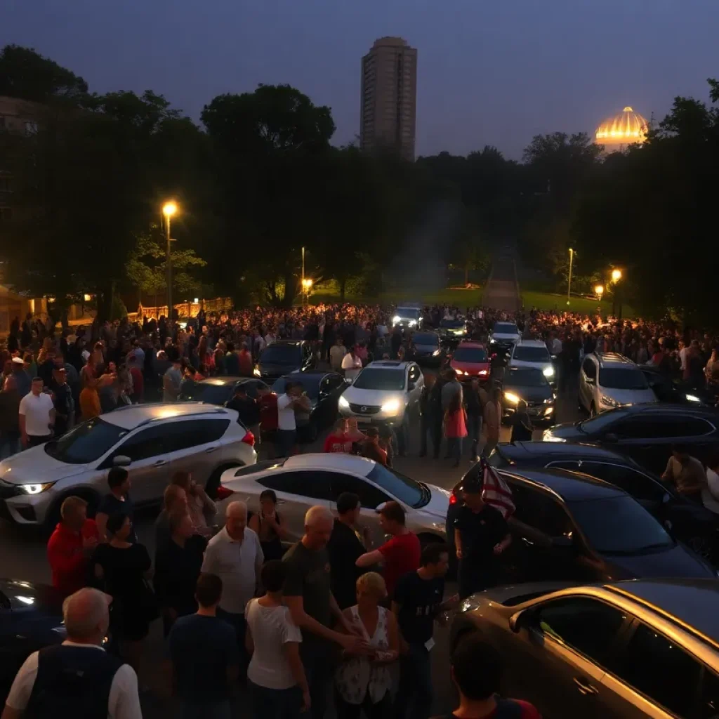 Large crowd of people and cars at Rosa Parks Circle at night