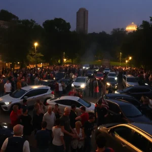 Large crowd of people and cars at Rosa Parks Circle at night