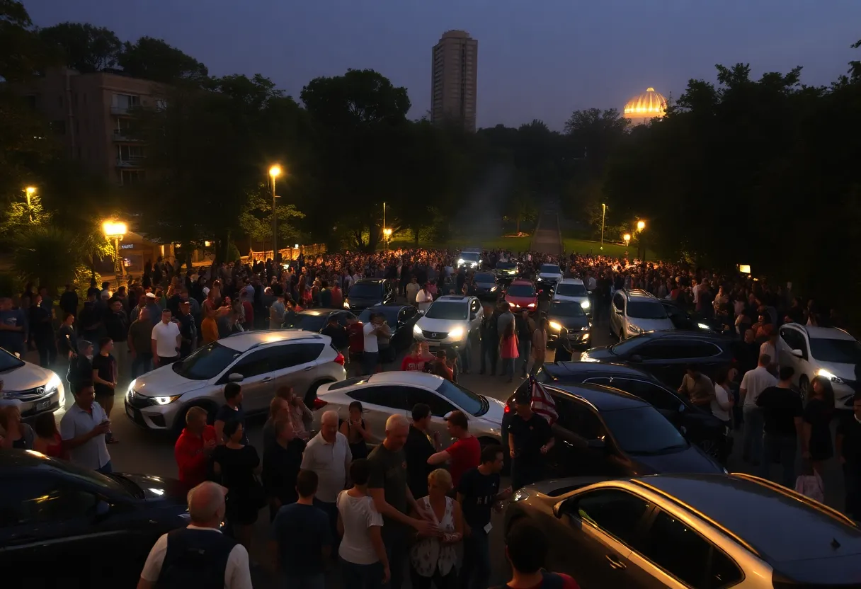 Large crowd of people and cars at Rosa Parks Circle at night