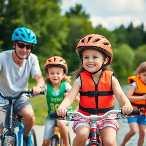 A family engaging in safe summer activities, wearing helmets and life jackets.