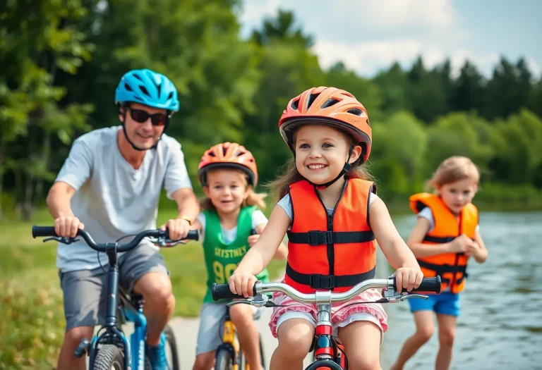 A family engaging in safe summer activities, wearing helmets and life jackets.