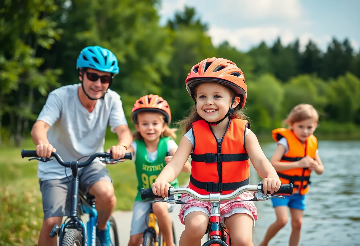 A family engaging in safe summer activities, wearing helmets and life jackets.