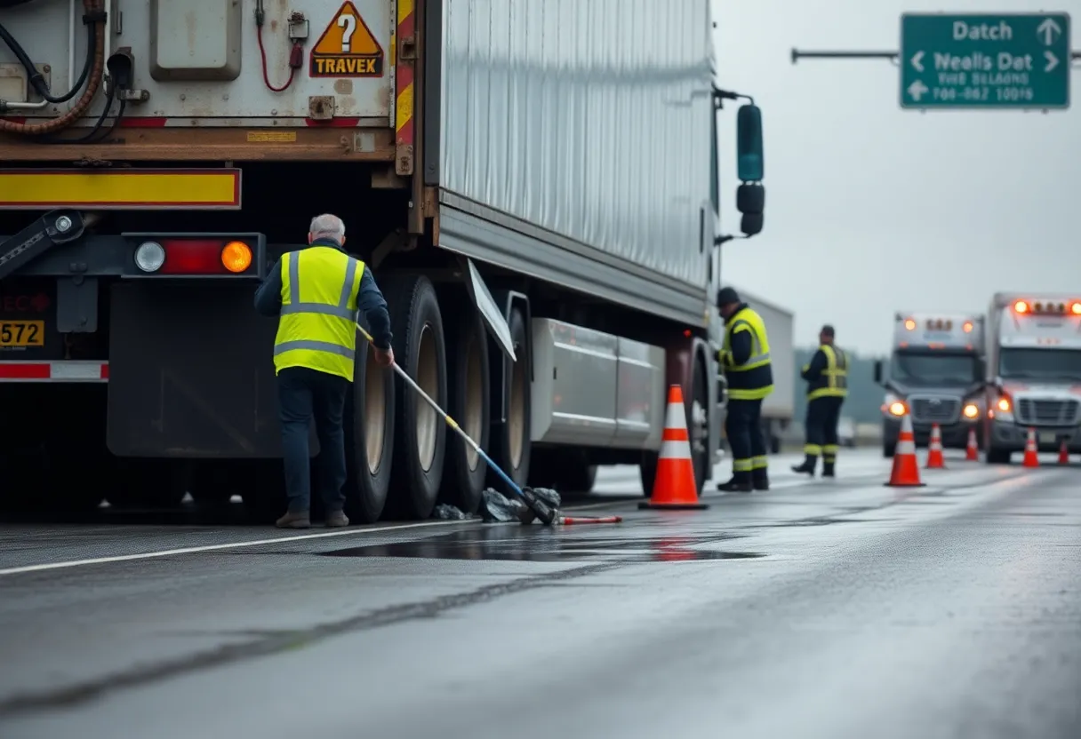 Cleanup efforts after a semi truck crash in Grand Rapids, Michigan