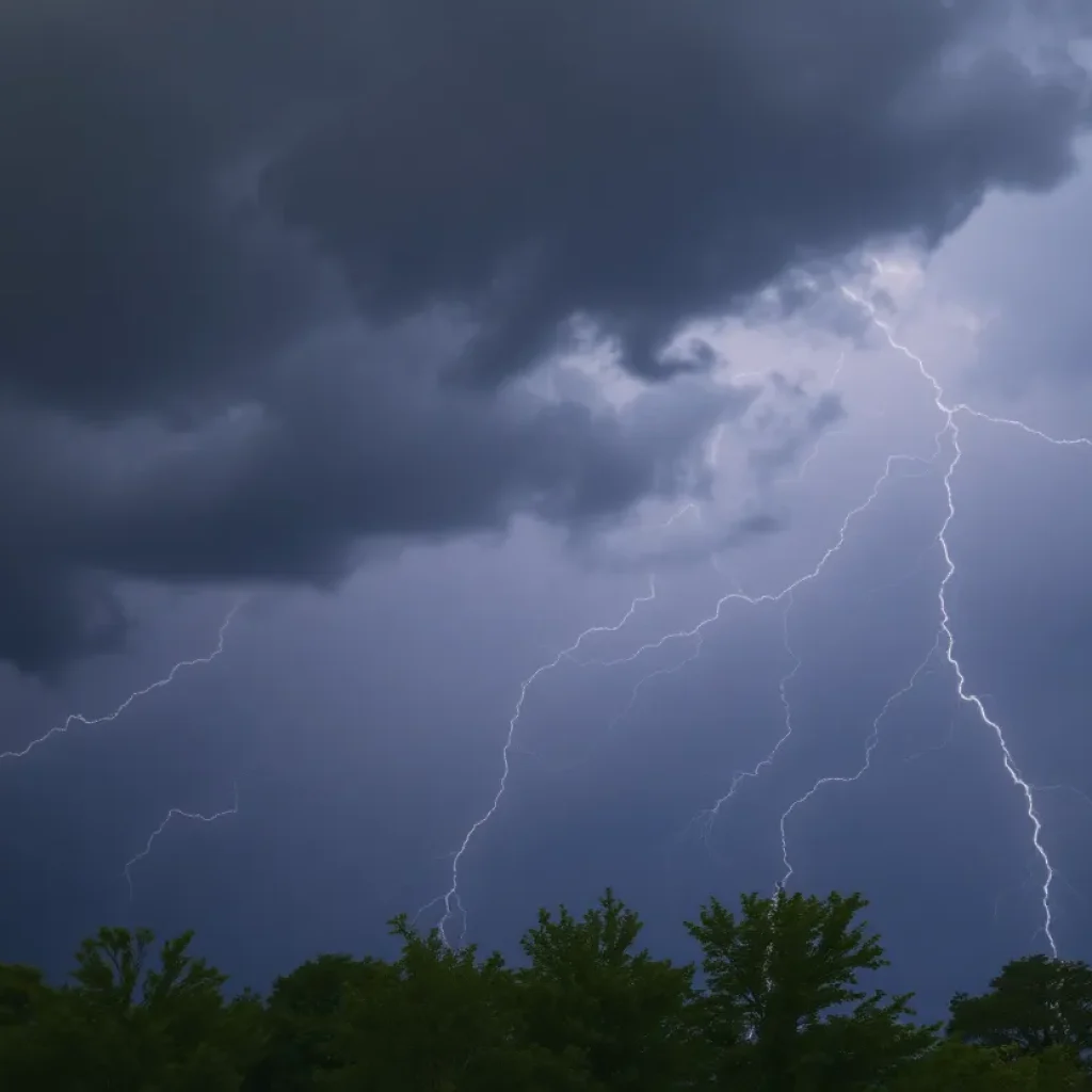 Dark storm clouds over Michigan with lightning