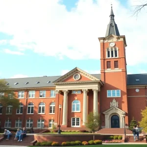 View of Siena Heights University campus with students walking.