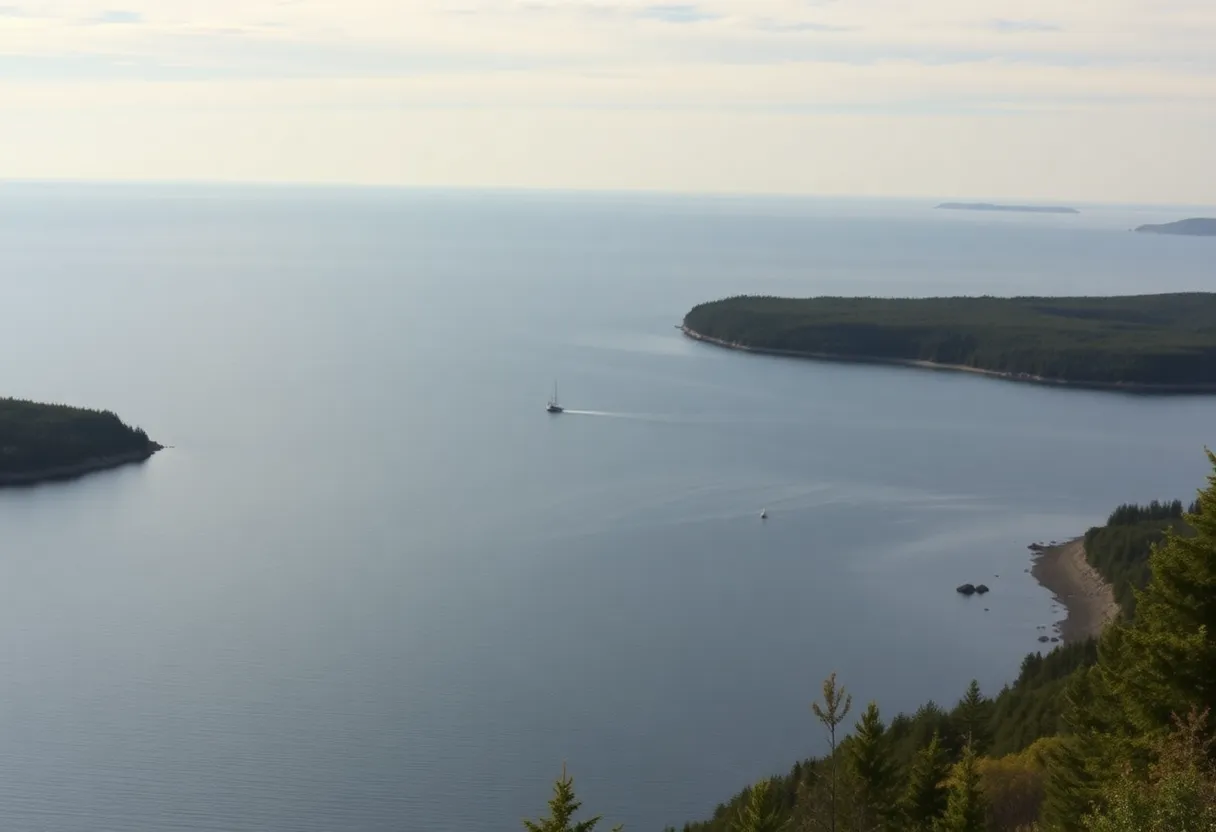 A scenic view of the Straits of Mackinac highlighting environmental conservation efforts.