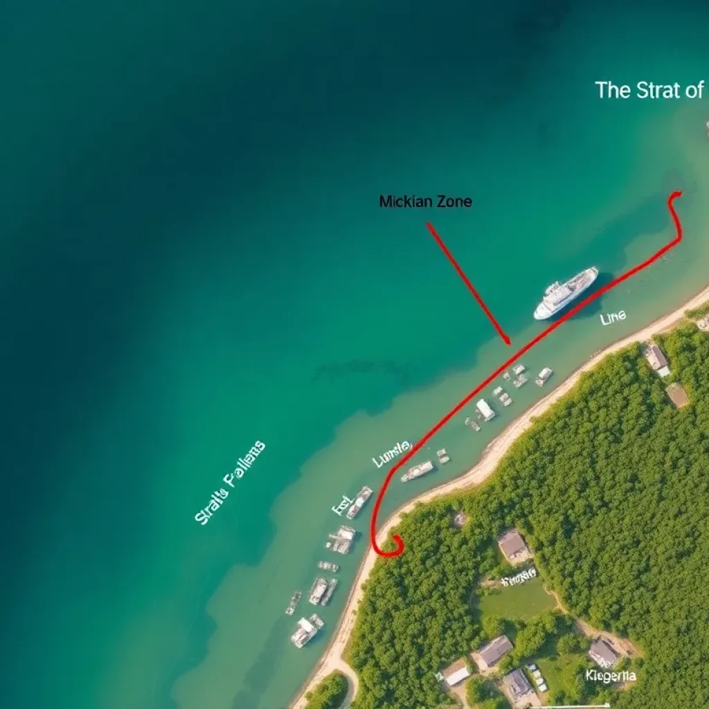 Aerial view of Straits of Mackinac with Line 5 pipeline area highlighted