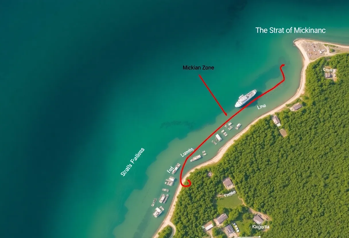 Aerial view of Straits of Mackinac with Line 5 pipeline area highlighted