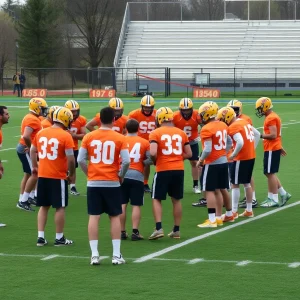 Tennessee football players in training on the field