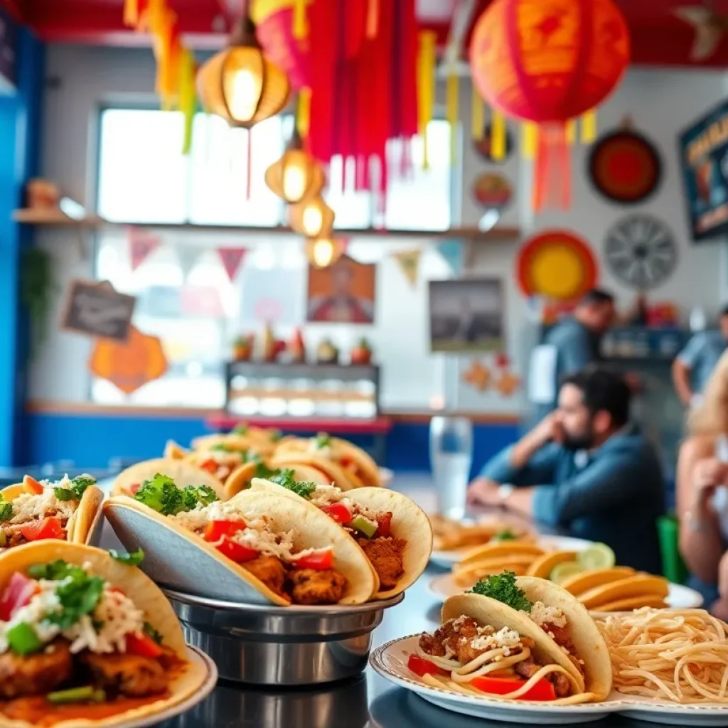 A variety of tacos and vibrant restaurant interior showcasing Mexican decor