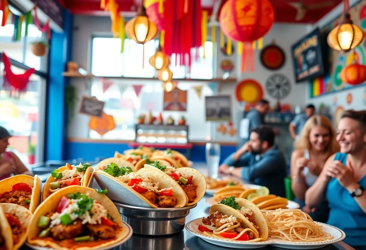 A variety of tacos and vibrant restaurant interior showcasing Mexican decor