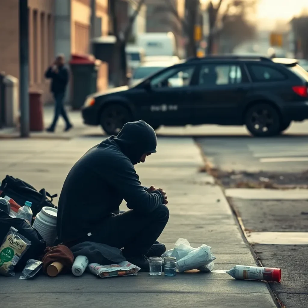 A silhouette of a homeless figure amidst urban debris