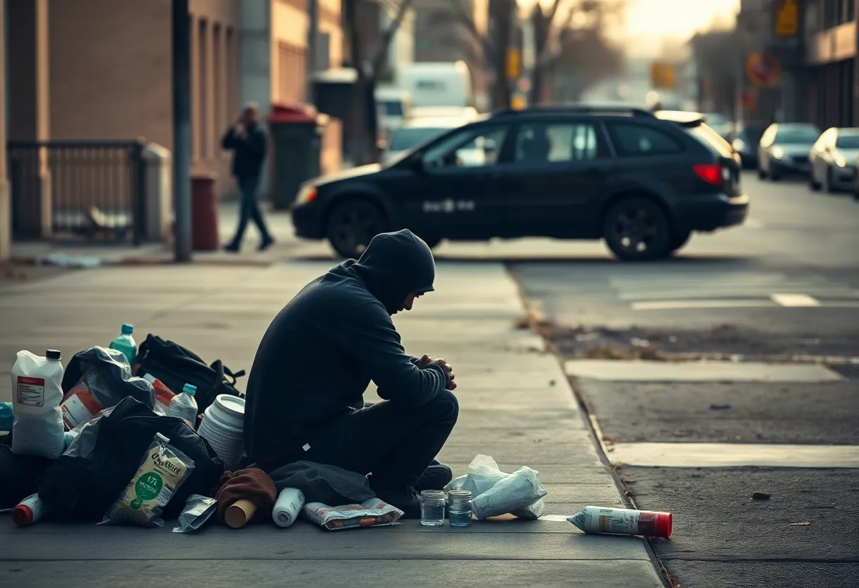A silhouette of a homeless figure amidst urban debris