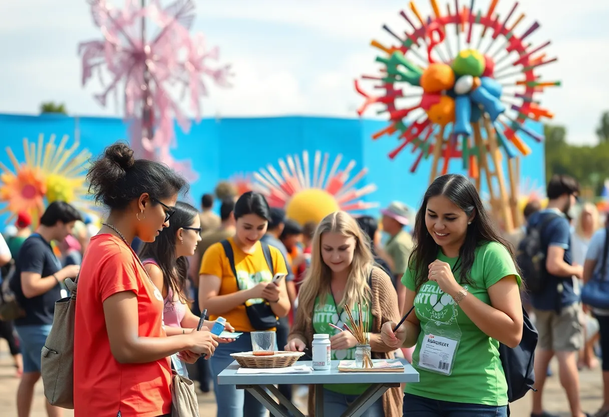 Volunteers assisting at ArtPrize 2025 festival with art installations in the background