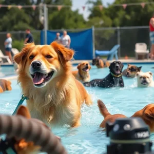 Dogs playing in water at a pool event that has been canceled.