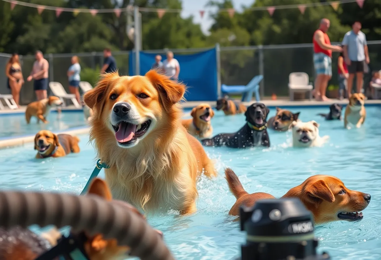 Dogs playing in water at a pool event that has been canceled.