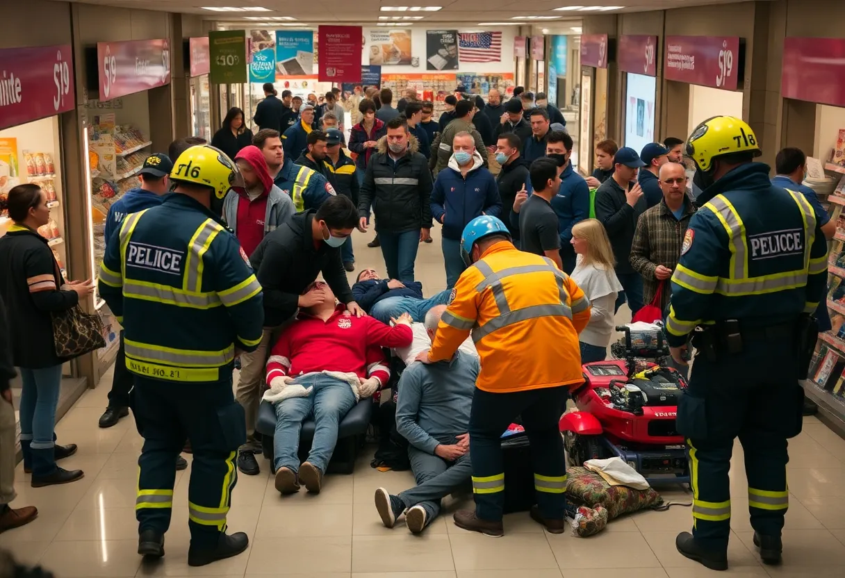 Emergency responders assisting injured individuals at a Walmart store.