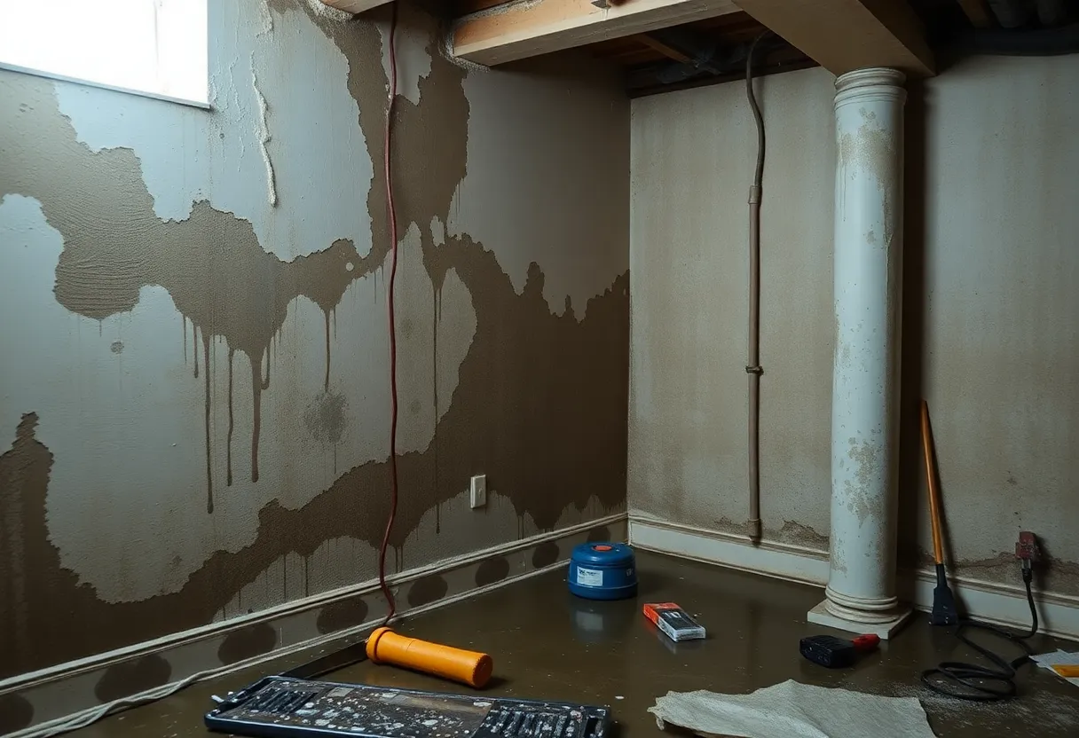 Residential basement with water damage and mold issues
