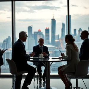 Meeting on trade relations with a city skyline background