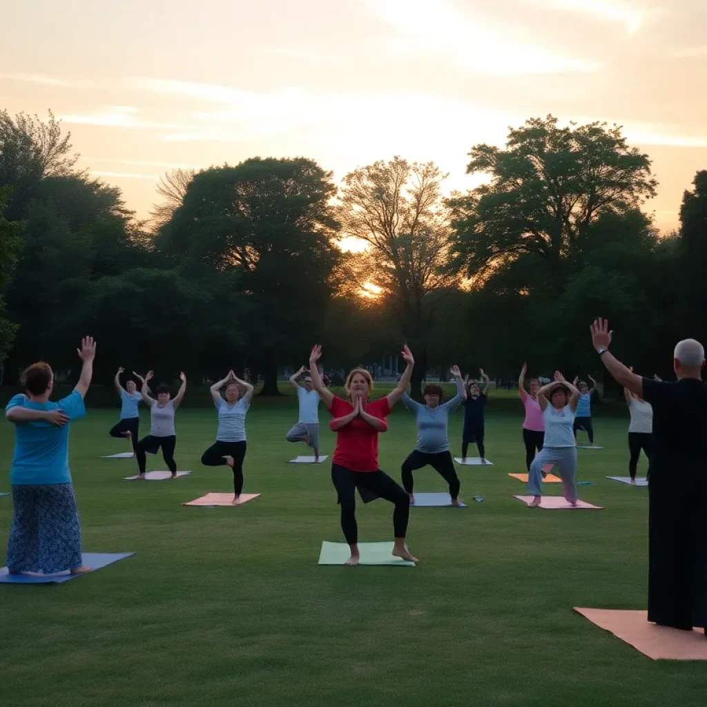 Participants practicing yoga and Tai Chi in Briggs Park.
