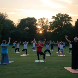 Participants practicing yoga and Tai Chi in Briggs Park.