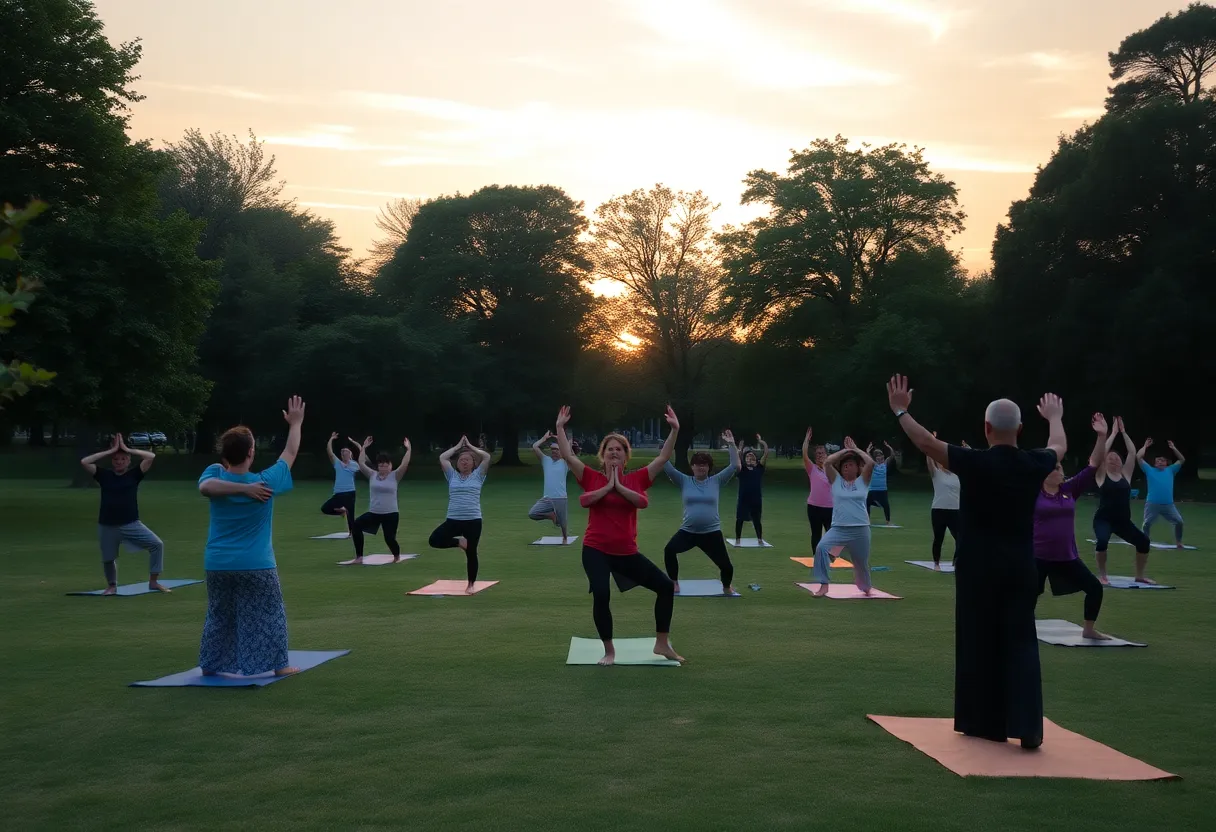 Participants practicing yoga and Tai Chi in Briggs Park.