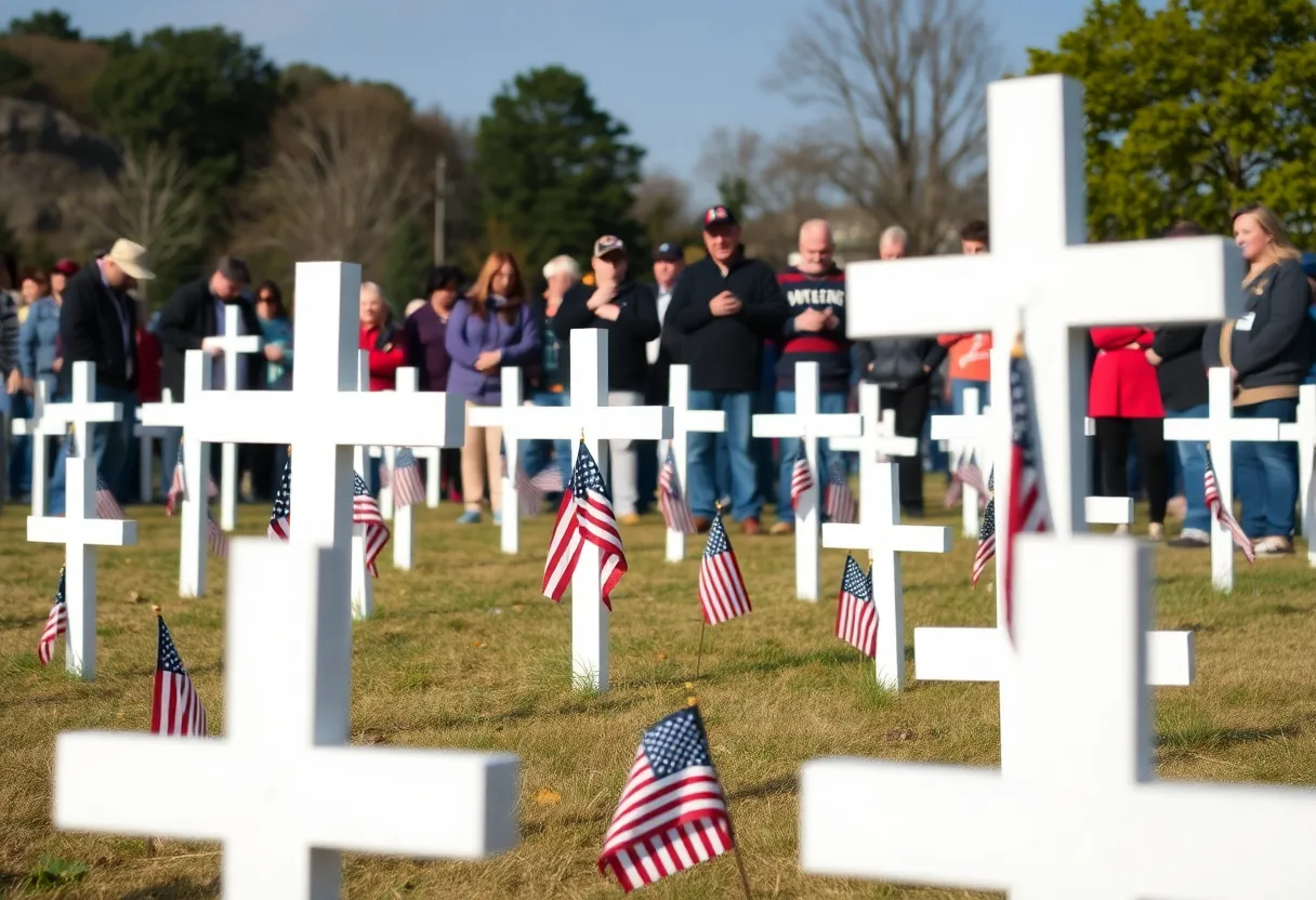 Memorial field with crosses representing veterans who lost their lives to suicide
